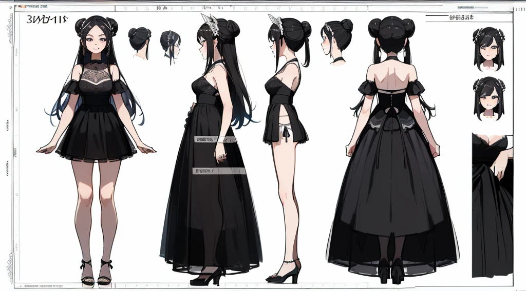 ((Highest quality)), ((masterpiece)), ((Realistic)) 19 years old, Black Hair Girl, Waist-length hair, Relaxed happy face ((thin)) (Big Breasts), ((( Prom Dresses))) (((mini skirt))) ((Sexy Dress)) ((( Under the skirt ))) (((White Thong))) Bun hairstyle, (((Detailed character sheet, Front view, Side view, 3/4 Views))) (((White Background))) Six and a half whole bodies