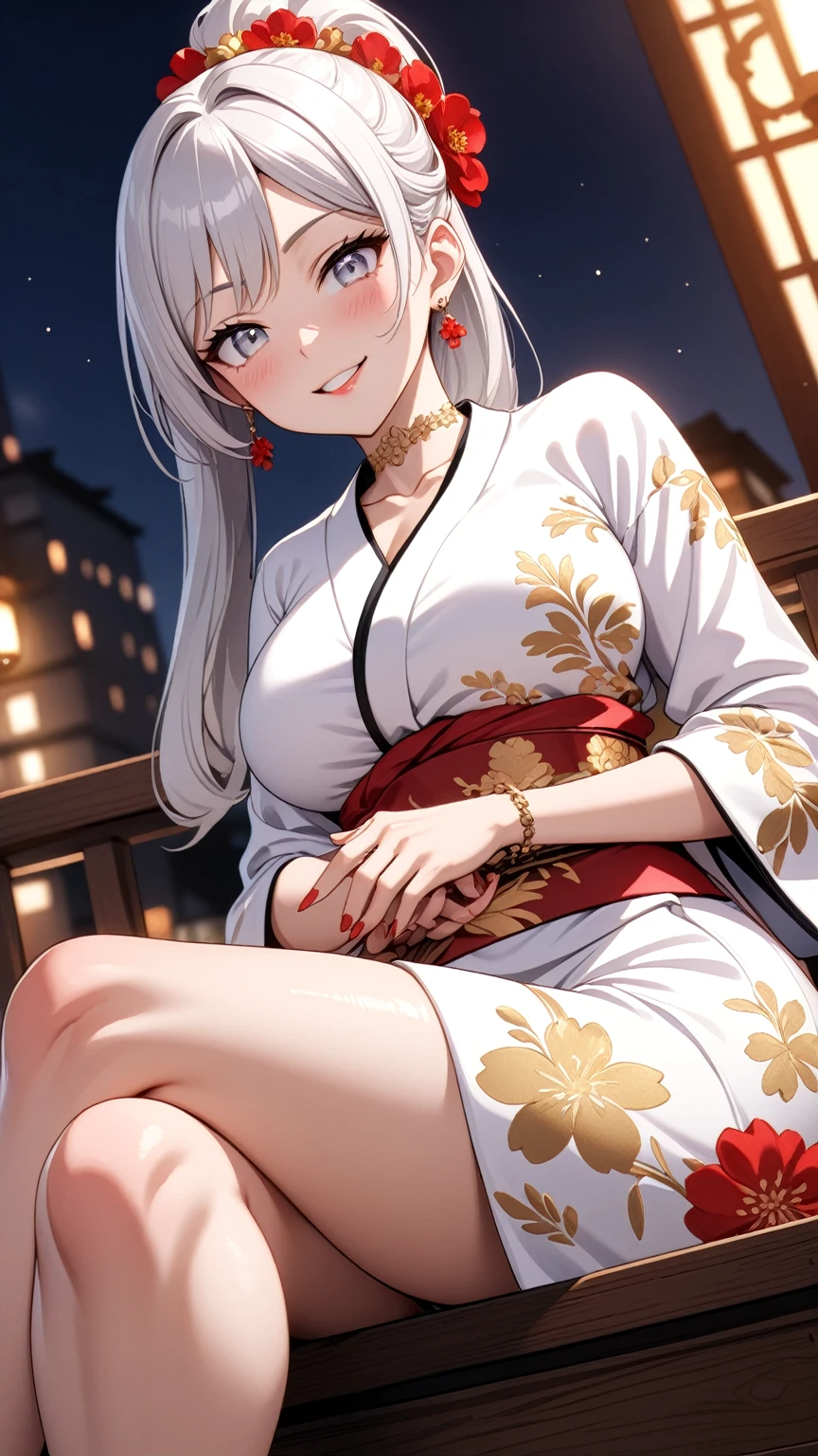 ((One personの女性)), Beautiful Face, (Laughing embarrassedly), (naughty face:1.1),((Wink:1.7)), (head tilt:1.3), teeth,Laugh with your mouth wide open,((Bright red cheeks:1.4)), Glossy red lips, ((crossed legs:1.4)), (panty shot), (Shining Face), Touching hair with hands,looking at viewer, Rooftop terrace, firework,Lighting on the face, ((Anime style background)),masterpiece, Highest quality, so beautiful,up to date, Complex details, (Pink long nails),(ring),(bracelet),(Floral choker),AI-generated, Complex,High resolution, Highest quality, super high quality,3D Images、3D Images,One person,Long white hair,High Ponytail, Anime woman posing for a photo,(blue eyes), ((Fine grain、Silvery white eyes、Shining Eyes:1.3)), (Squint your eyes:1.1),a hyperRealistic , hyperRealistic , Realistic,Anime woman with long white hair, Smooth anime CG art, A woman in a colorful kimono with gold embroidery, (Black long sleeve kimono),Red floral pattern,Long flower hair ornament,Earrings,Mature Body,(Big Breasts:1.1),Tall,Abdominal muscles,Tight waist, (Zoom up to face:1.1), ((from side and slightly from below)), 