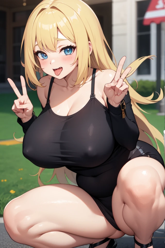 Big breasts, plump, naked, squatting, blonde, erotic, cute, ahegao, double peace sign, front