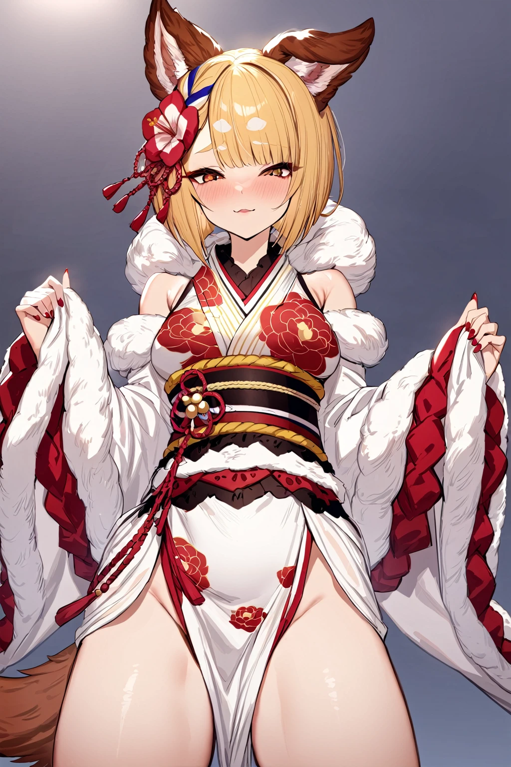 masterpiece, best quality, 1girl, vajrarr, dog tail, red hair flower, red nails, white obi, white kimono, japanese clothes, floral print, white detached sleeves, wide sleeves, long sleeves, fur trim, sash, Lift up the hem of your kimono to expose your crotch