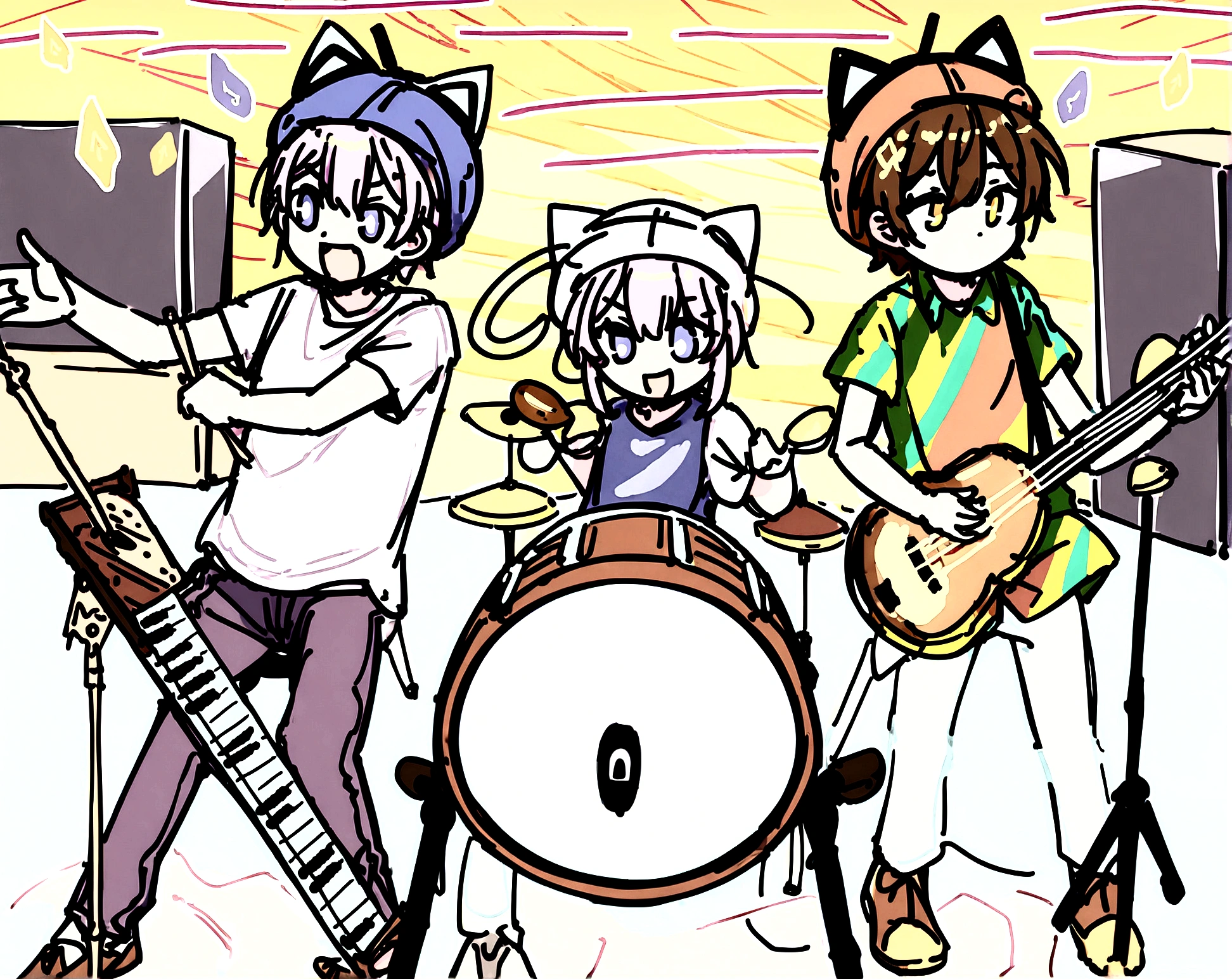 3 people wearing cat hats, one playing the piano, one singing, one playing the drums