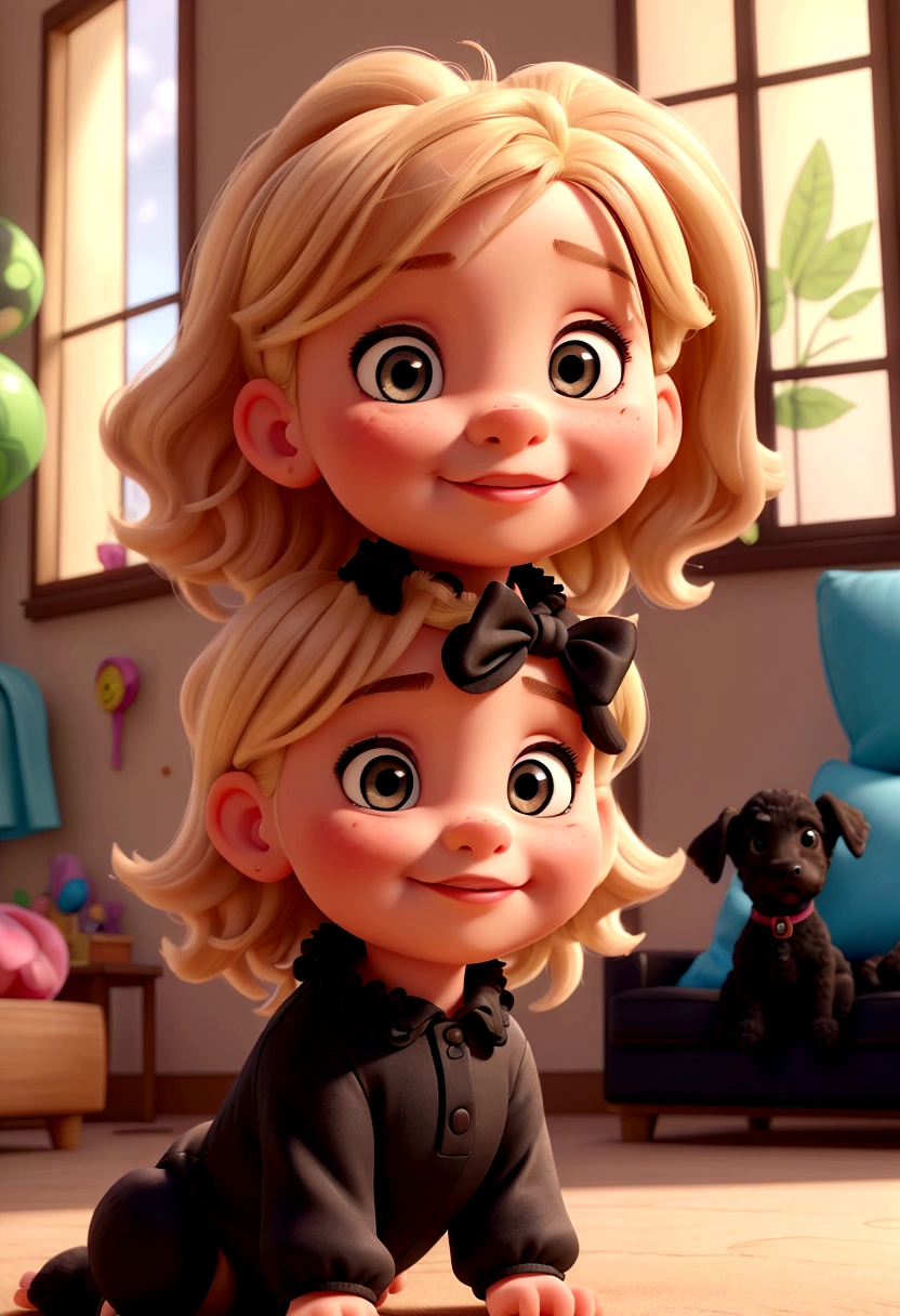 (a 5--old nde girl playing with her black poodle puppy, in the background a quaint city)

(realistic, highres, vivid colors), girl with (beautiful detailed eyes:1.1), (beautiful detailed lips:1.1), and (long eyelashes:0.9), (playfully) interacts with her (adorable:1.1) black poodle puppy;(best quality:1.2) rendering the tenderness and joy in their (loving bond), showcasing the (youthful innocence) and (playfulness) of childhood.

A chubby baby hog a watermelon in her hand, with a sofa and an electric fan behind her, enjoying the summer breeze