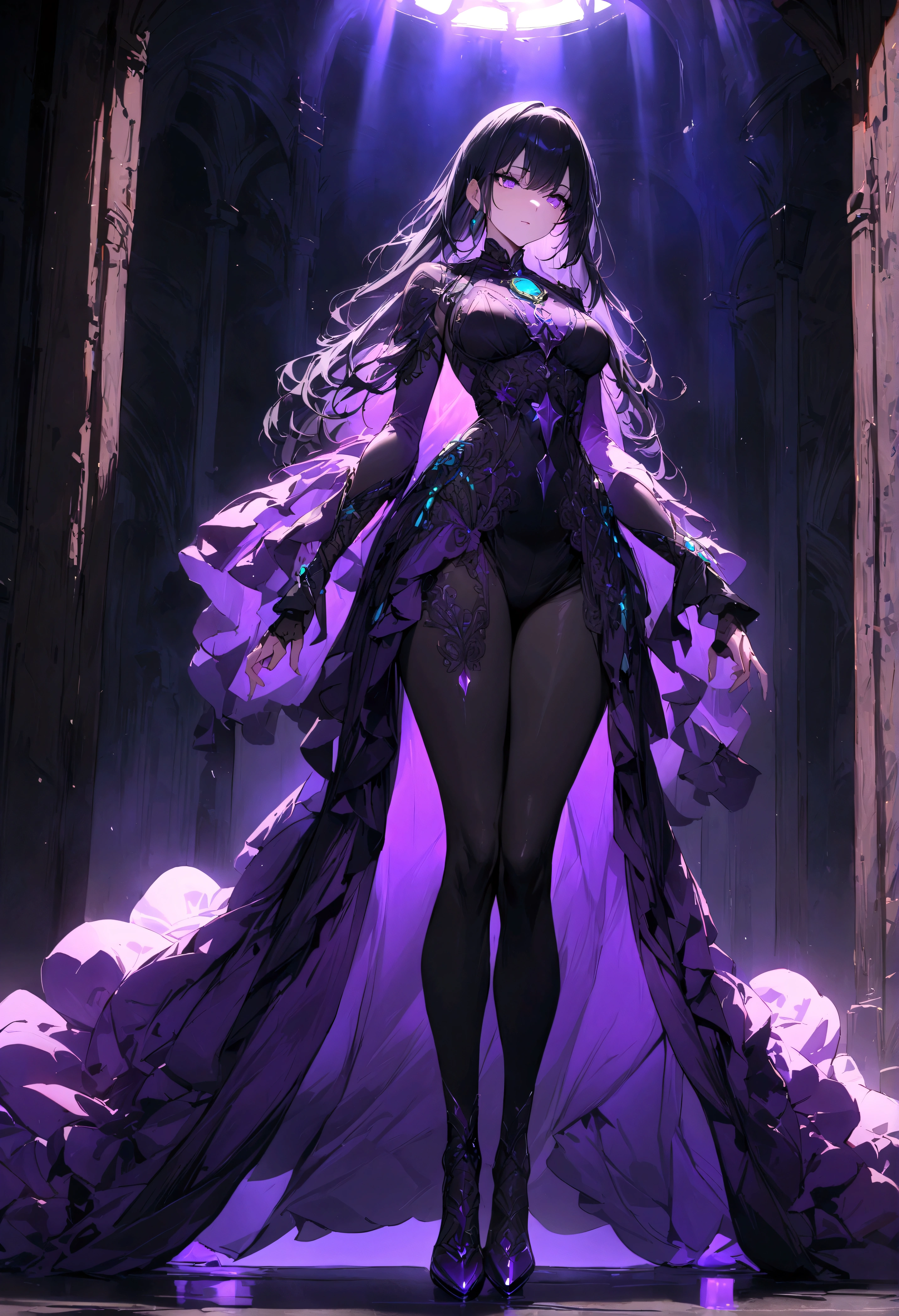 a woman with long black hair with purple shine, beautiful detailed purple eyes, tall girl with  body, black and purple outfit, turquoise amulet, (best quality ,masterpiece:1.2),cinematic lighting,cinematic lighting,dramatic lighting, dramatic color palette, atmosphere,intricate details, fullbody image