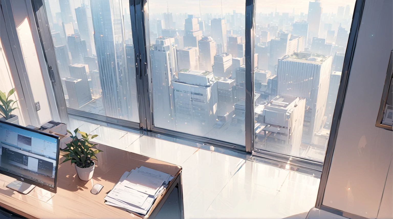 ((best quality)), ((masterpiece)), (detailed), office, president's office, floor-to-ceiling windows, top-down view scene,Potted plants，There is a computer and documents on the desk