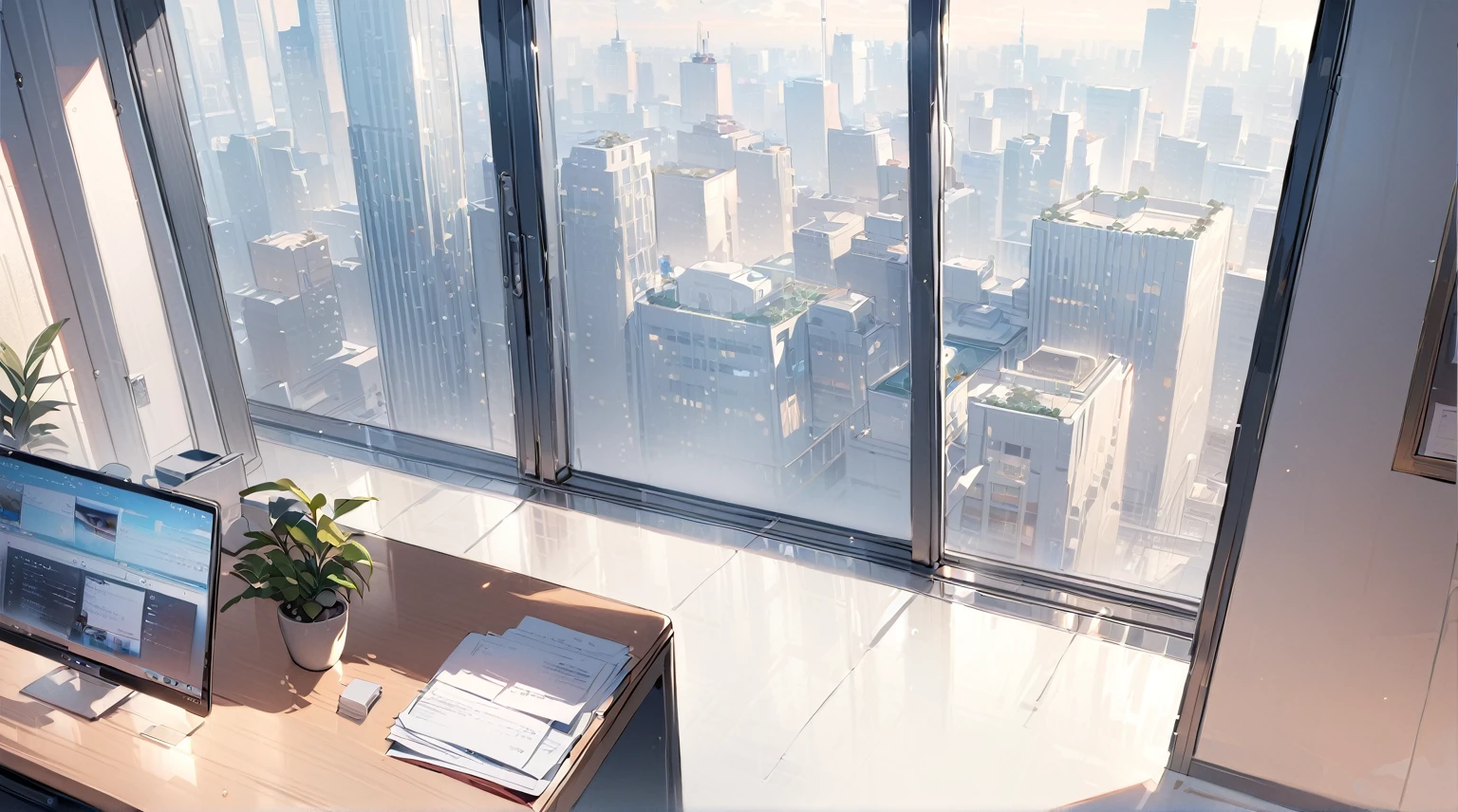 ((best quality)), ((masterpiece)), (detailed), office, president's office, floor-to-ceiling windows, top-down view scene,Potted plants,There is a computer and documents on the desk