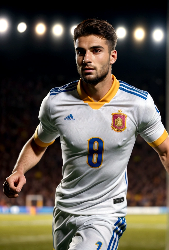 Best quality,ultra detailed,realist:1.37,Handsome man from Spain,Beautiful face,detailed eyes,unshaven, happy and emotional face, elegant hair, active posture in movement, runs after the ball, scores a goal, In a good condition,professional,model appearance,bright colors,studio lighting,warm colors, a Full height、Spain national football team jersey、30 year old man, Best quality, masterpiece, super high resolution, detailed background, Realism, 1 guy, soccer field, Muscles, volumetric lighting, depth of field, whole body, facial hair, football player, scores a goal, full length