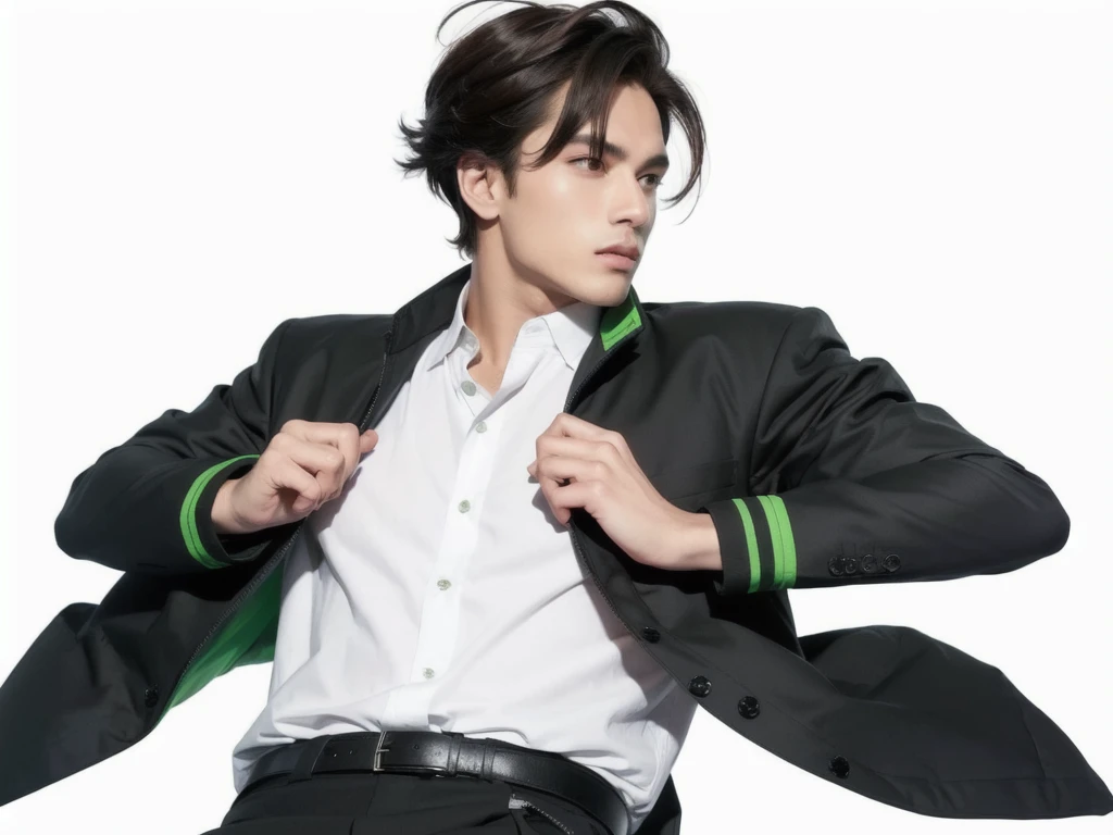 a man in a black jacket and white shirt holding a green jacket, with index finger, male character, full body model