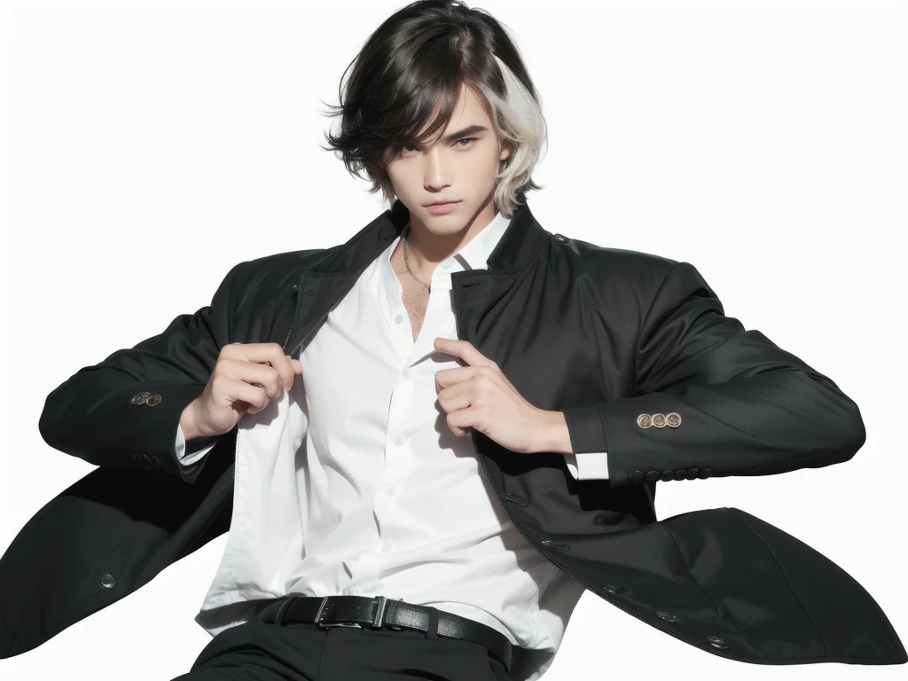 a man in a black jacket and white shirt holding a green jacket, with index finger, male character, full body model