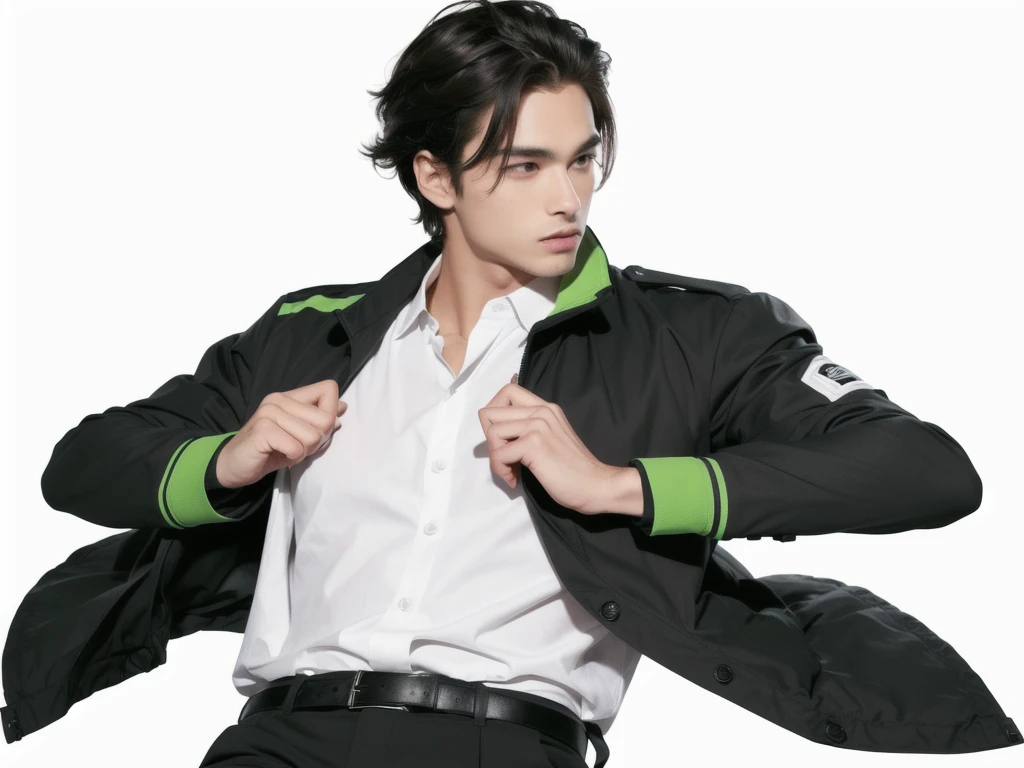 a man in a black jacket and white shirt holding a green jacket, with index finger, male character, full body model