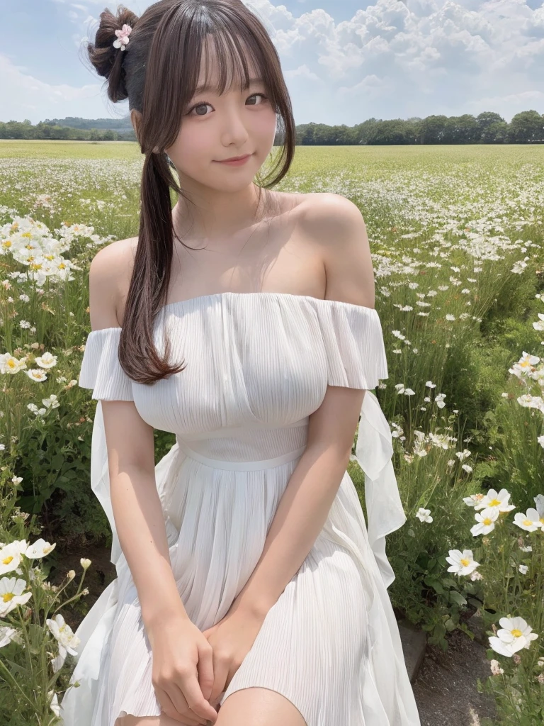 One Japanese person、Twenty years old、Big Breasts、Twin tails、
White strapless top、Pleated unflower field、Full body photography
