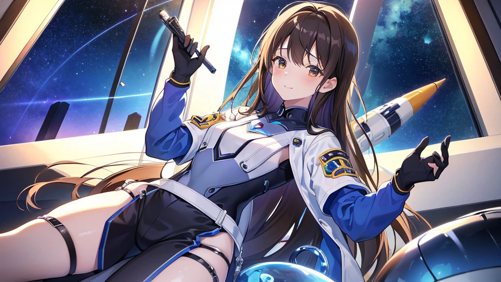 ((Highest quality)), (masterpiece)), (detailed: 1.4), 3d, An absurd solution, High resolution, (masterpiece: 1.4), 超detailed, Beautiful girl 1 person, future的な女性のイメージ, Shiny brown hair, Beautiful brown eyes, Beautiful Face, 20-year-old, Spaceship, floating, small, Spacesuit, Spaceship, window, future, Dynamic pose, Change of clothes