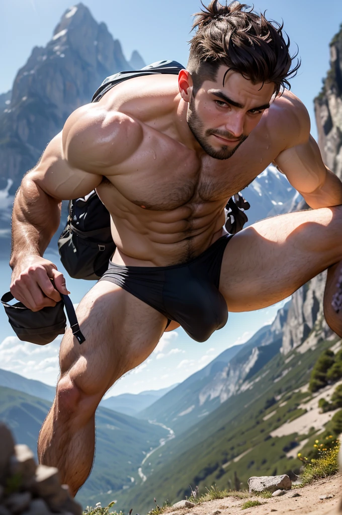 masterpiece, best quality, high resolution, closeup portrait, male focus, focus, pretty shirtless sweaty hairy guy hiking, bending over camera perspective,hiking and climbing, view from below, scruffy, closeup, interesting perspective, erotic pose, muscular, pretty cute and masculine face, smirk, wearing dirty white jockstrap hiking backpack, spreading legs pose, filthy, sweaty, very hairy legs, hairy, half naked, bare chest, in the background a mountain, hiking trail, outdoors, view from below, amazing composition, HDR, volumetric lighting, ultra quality, elegant, highly detailed