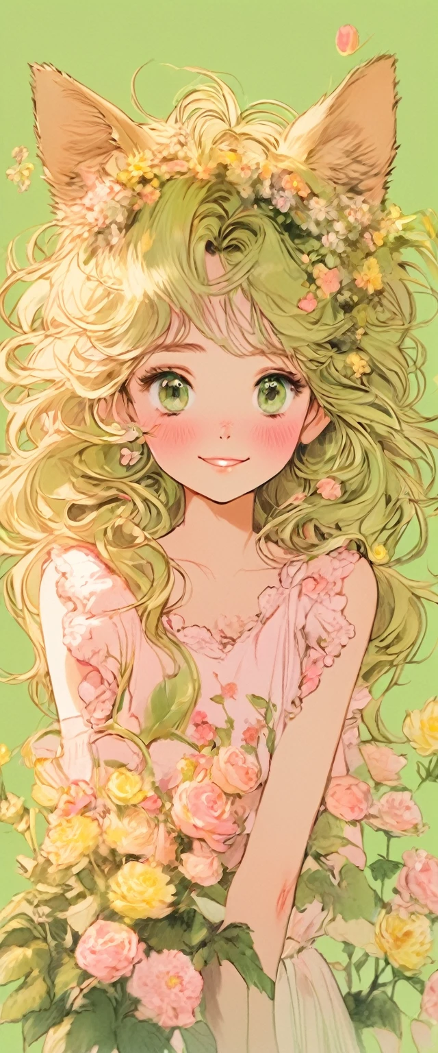 1 girl, :morality, Animal ear hair, Animal ears, Bangs, black hairbanmorality, blonmoralitye hair, Fuzzy, Fuzzy backgrounmorality, moralityepth of fielmorality, moralityress, flower, flower pot, frillemorality moralityress, decorate, green moralityress, Green Eyes, hairbanmorality, holmoralitying, Long hair, open mouth, pink flower, plant, pottemorality plant, sketch, sleeveless, sleeveless moralityress, Smile, Solitary, Tail, Wrist sleeves, yellow flower, 1980s (style)