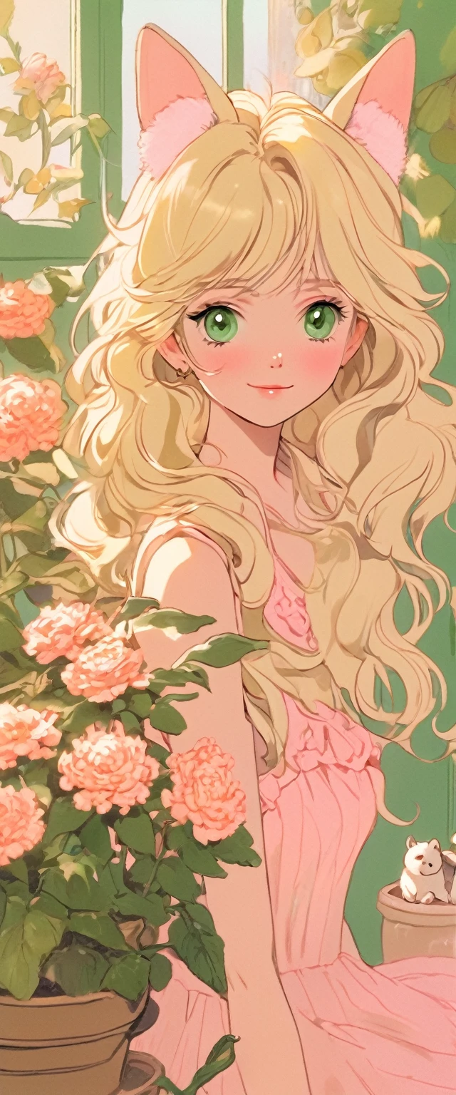 1 girl, :morality, Animal ear hair, Animal ears, Bangs, black hairbanmorality, blonmoralitye hair, Fuzzy, Fuzzy backgrounmorality, moralityepth of fielmorality, moralityress, flower, flower pot, frillemorality moralityress, decorate, green moralityress, Green Eyes, hairbanmorality, holmoralitying, Long hair, open mouth, pink flower, plant, pottemorality plant, sketch, sleeveless, sleeveless moralityress, Smile, Solitary, Tail, Wrist sleeves, yellow flower, 1980s (style)