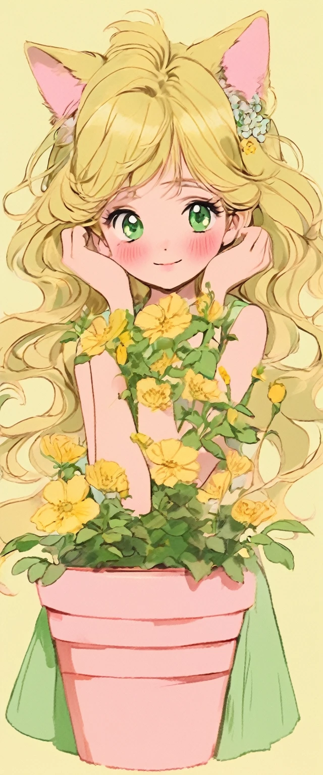 1 girl, :morality, Animal ear hair, Animal ears, Bangs, black hairbanmorality, blonmoralitye hair, Fuzzy, Fuzzy backgrounmorality, moralityepth of fielmorality, moralityress, flower, flower pot, frillemorality moralityress, decorate, green moralityress, Green Eyes, hairbanmorality, holmoralitying, Long hair, open mouth, pink flower, plant, pottemorality plant, sketch, sleeveless, sleeveless moralityress, Smile, Solitary, Tail, Wrist sleeves, yellow flower, 1980s (style)