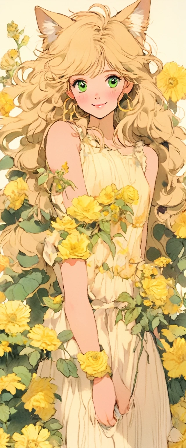 1 girl, :morality, Animal ear hair, Animal ears, Bangs, black hairbanmorality, blonmoralitye hair, Fuzzy, Fuzzy backgrounmorality, moralityepth of fielmorality, moralityress, flower, flower pot, frillemorality moralityress, decorate, green moralityress, Green Eyes, hairbanmorality, holmoralitying, Long hair, open mouth, pink flower, plant, pottemorality plant, sketch, sleeveless, sleeveless moralityress, Smile, Solitary, Tail, Wrist sleeves, yellow flower, 1980s (style)