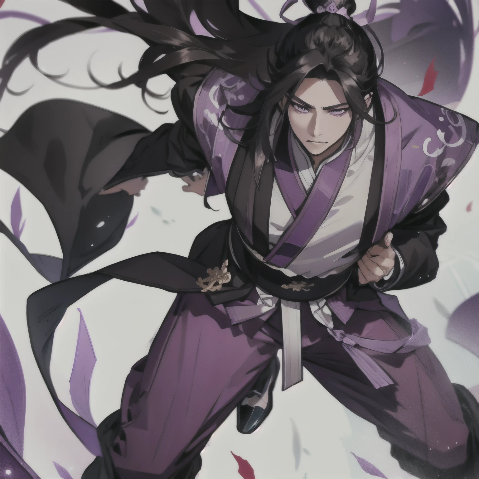 (masterpiece, best quality:1.2), 1male, solo, jiang cheng, mo dao zu shi, mdzs, purple and black clothes, purple eyes, long black hair, perfect anatomy, full body, fight