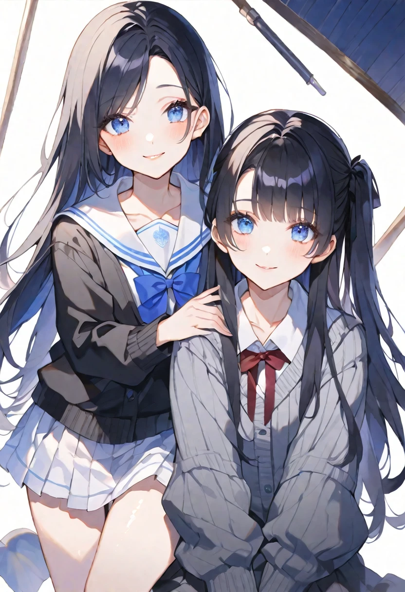 独奏, handsome, Watercolor 1. Female, Hime cut ,Straight long hair,black Hair, blue eyes＆Soft look ,Lolita,18 years old,Sailor suit,black cardigan,sweater,skin,sexly,smile,White background