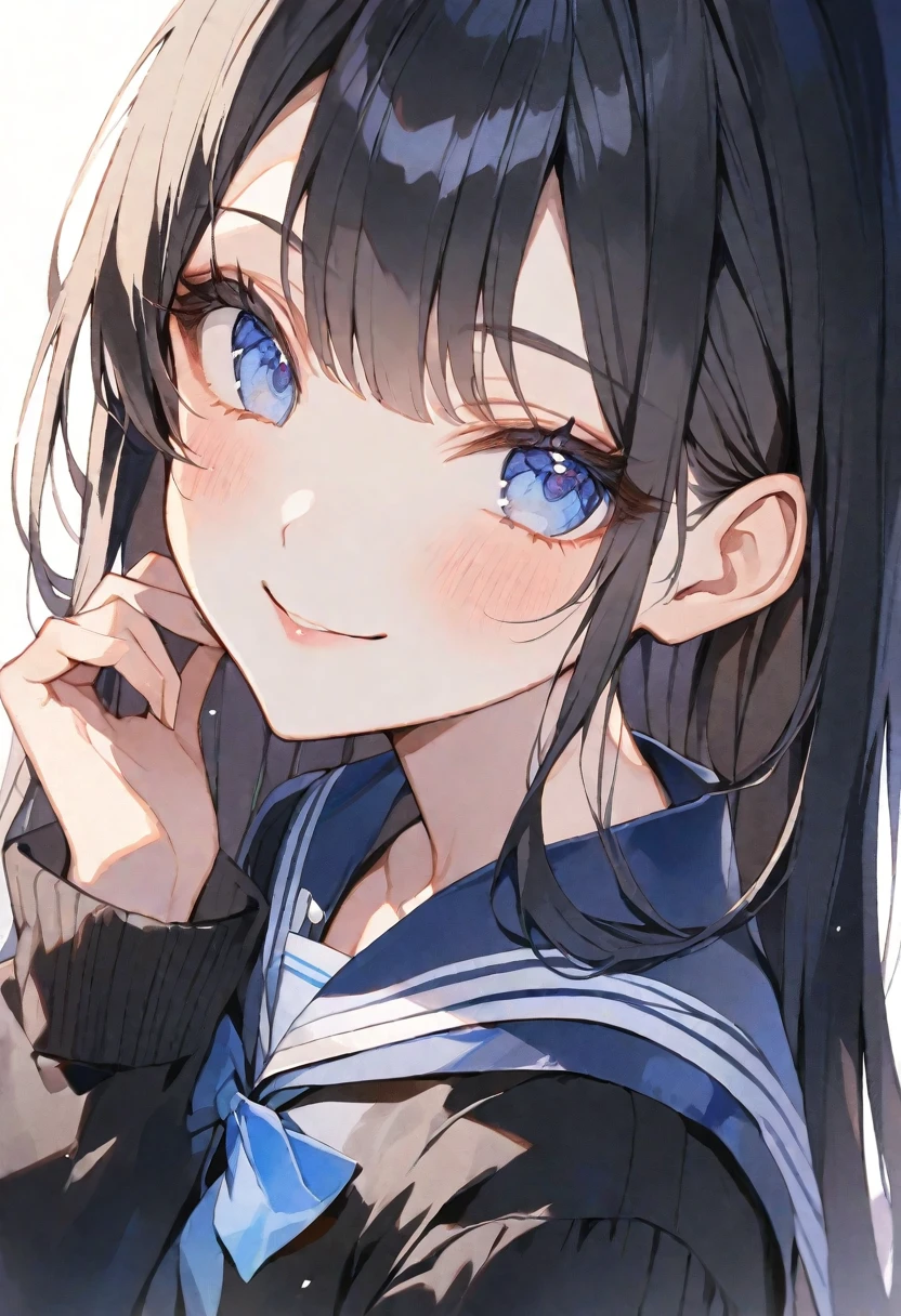 独奏, handsome, Watercolor 1. Female, Hime cut ,Straight long hair,black Hair, blue eyes&Soft look ,ta,18 years old,Sailor suit,black cardigan,sweater,skin,sexly,smile,White background