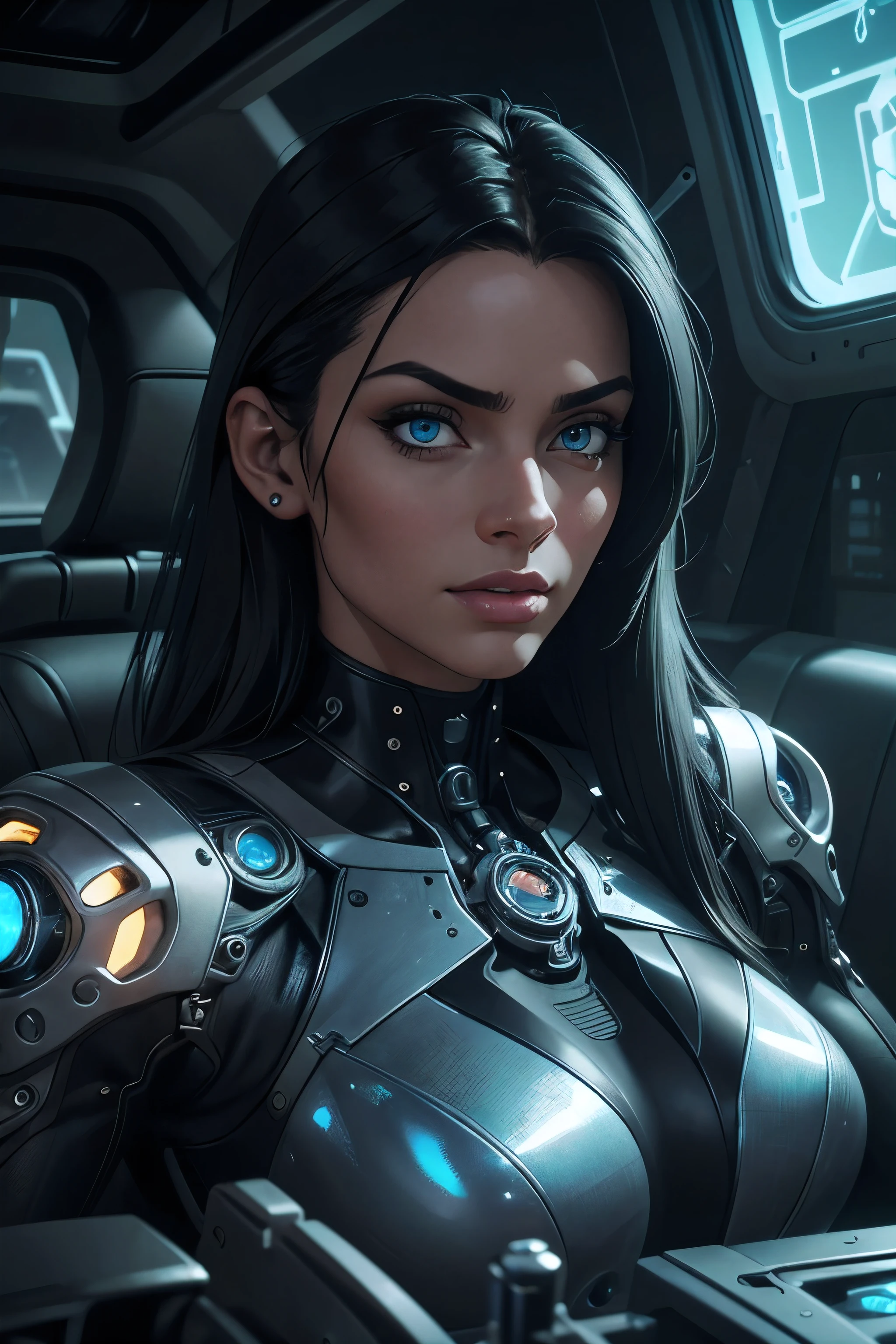 (best quality,4k,8k,highres,masterpiece:1.2),ultra-detailed,(realistic,photorealistic,photo-realistic:1.37),1woman,car parts body,intricate machinery,highly detailed machinery,futuristic cyberpunk,chrome metal,glowing blue lights,complex gears and mechanisms,detailed facial features,piercing eyes,glossy metallic skin,sleek aerodynamic design,cinematic lighting,dramatic shadows,muted color palette