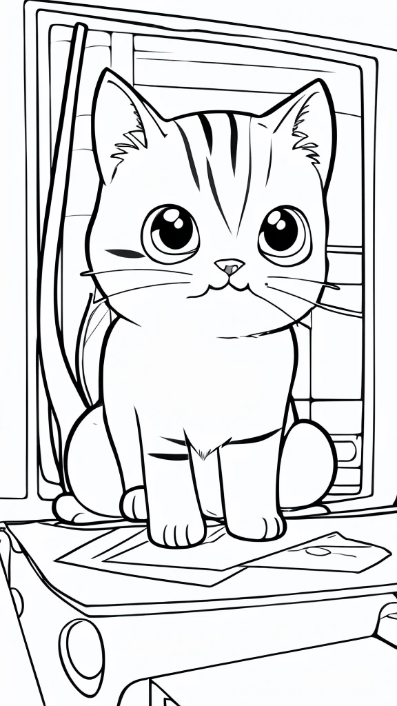 Coloring page for kids, featuring a cat cartoon style, thick lines, low detail, no shading, no pencil, no frame --ar 9:16 --v 5.2
