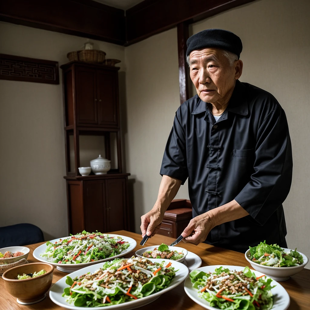 Medium-sized display, Medium shot, Written border depth, Upper Body, angle, masterpiece, angle, (RAW photos, best quality), best quality, Very detailed, CG, 8k wallpaper, Vicissitudes, Older male protagonist，Chinese elderly，80 years old，male，Solitary, Divide salad, Look directly at the audience, front