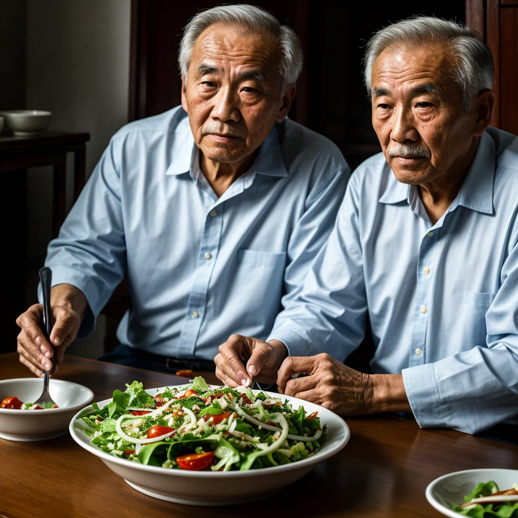 Medium-sized display, Medium shot, Written border depth, Upper Body, angle, masterpiece, angle, (RAW photos, best quality), best quality, Very detailed, CG, 8k wallpaper, Vicissitudes, Older male protagonist,Chinese elderly,80 years old,male,Solitary, Divide salad, Look directly at the audience, front