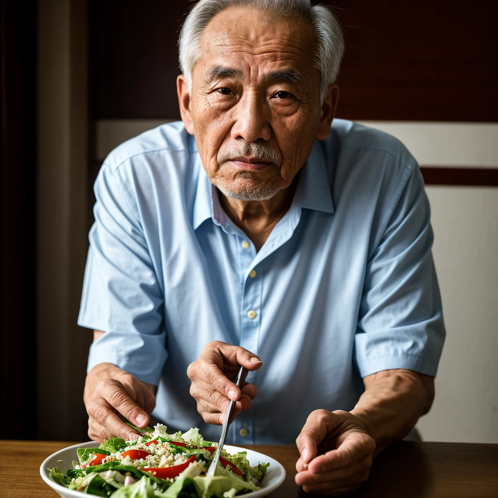 Medium-sized display, Medium shot, Written border depth, Upper Body, angle, masterpiece, angle, (RAW photos, best quality), best quality, Very detailed, CG, 8k wallpaper, Vicissitudes, Older male protagonist，Chinese elderly，80 years old，male，Solitary, Divide salad, Look directly at the audience, front