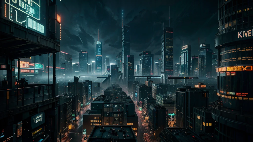 detailed cyberpunk city, futuristic sci-fi cityscape, neon lights,skyscrapers, flying cars, holographic billboards, dark and moody atmosphere, intricate architecture, detailed mechanical elements, heavy industrial machinery, glowing neon signs, rainy wet streets, moody dramatic lighting, cinematic camera angle, hyper-detailed, 8k, photorealistic, 3d render, concept art
