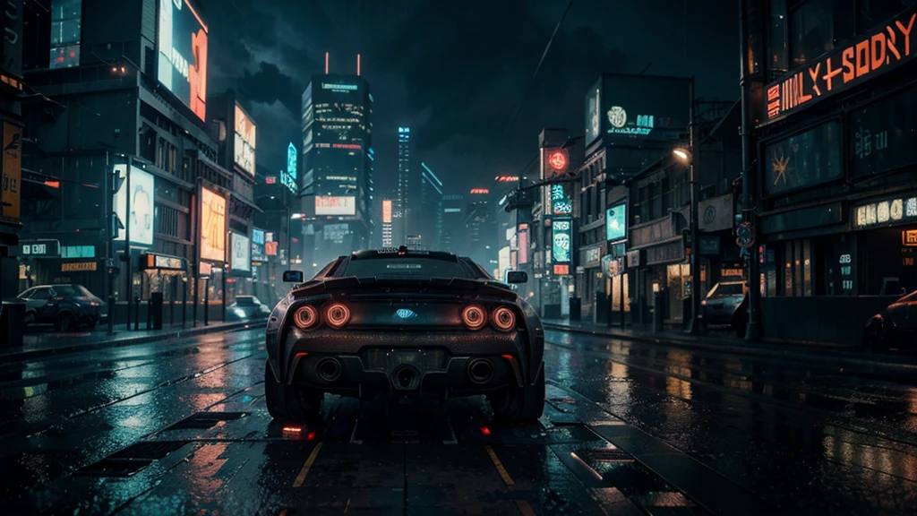 detailed cyberpunk city, futuristic sci-fi cityscape, neon lights,skyscrapers, flying cars, holographic billboards, dark and moody atmosphere, intricate architecture, detailed mechanical elements, heavy industrial machinery, glowing neon signs, rainy wet streets, moody dramatic lighting, cinematic camera angle, hyper-detailed, 8k, photorealistic, 3d render, concept art