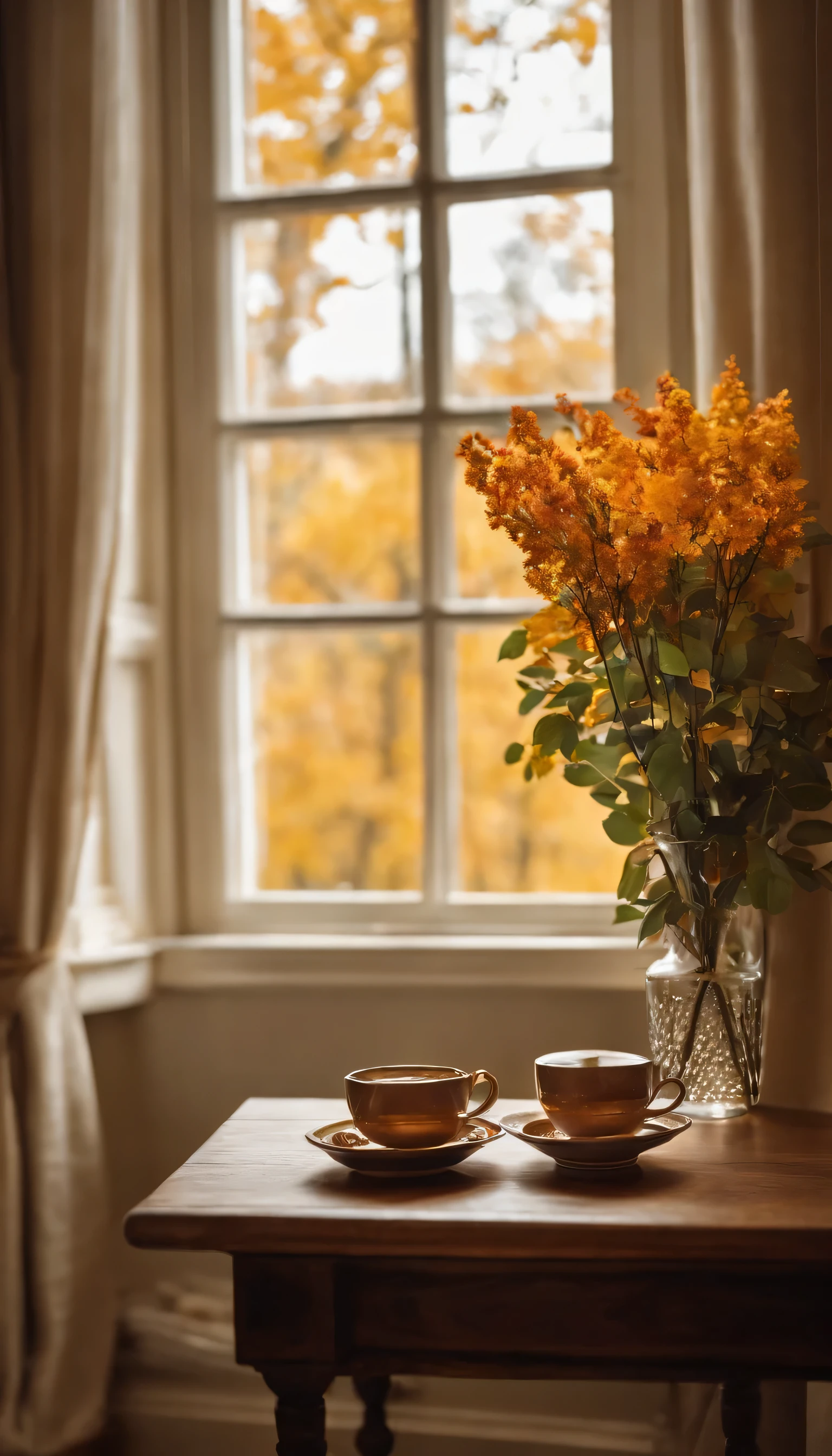 Create an indoor scene that exudes coziness and tranquility. The focus should be on a wooden table bathed in warm natural light from a nearby window. On the table, place an open book with indistinct text, suggesting a moment of relaxation or study. A ceramic cup, perhaps filled with coffee or tea, should sit atop a small saucer. Outside the window, depict an autumnal setting with golden-yellow leaves on trees, evoking a sense of calm. Add vibrant orange flowers in a vase next to the cup for color contrast and an extra touch of comfort.”