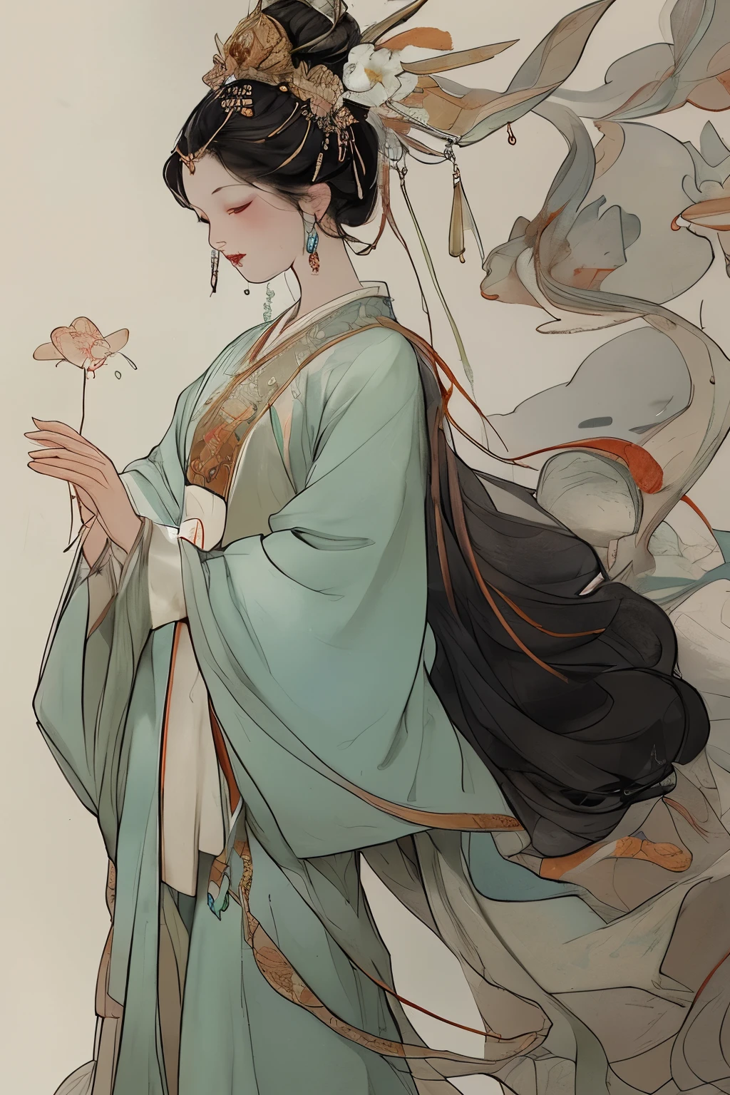 dhnh, Single Girl, Alone, Gazing towards the Audience, with Mouths Ajar, Black Hair adorned with Hair Accessories, Wearing Long Sleeves, Standing Amidst a Blooming Field of Flowers, with Parted Lips and Teeth gleaming, Hair adorned with Flower Accessories, in Wide Sleeves, Hair styled in High Buns, Donning Chinese Clothing - Hanfu, Captured in a Cinematic Manner, embodying a Sense of Scale and Narrative, depicting Ethereal Scenes of Peaceful Solitude, Stunning Contrasts and Shadows, reflecting Introspection