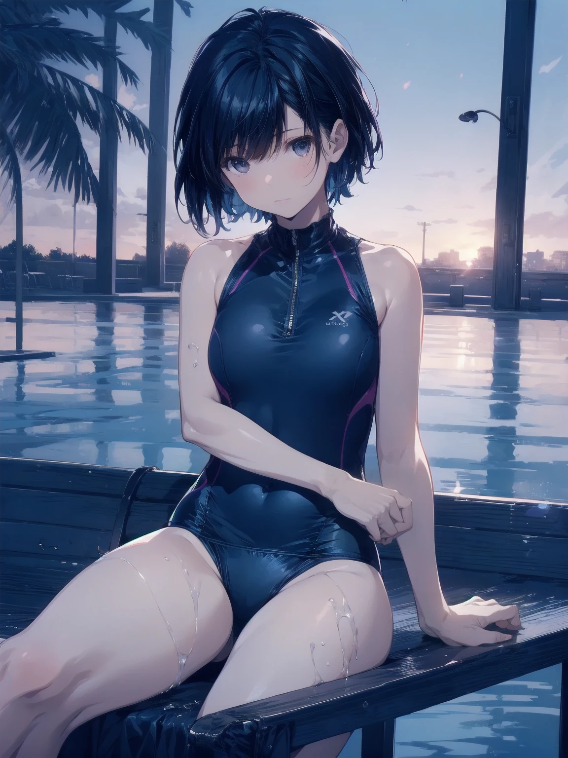 ultra-Top-quality by art God, ultra-detailed, high resolution, shinkai makoto style, anime moe artstyle, best anime 8k konachan wallpaper, pixiv contest winner, perfect anatomy, break,(Please draw a picture of a girl in a swimsuit sitting sleepily on a bench by the poolside alone.),break, a hyperrealistic school girl, (Solo,lolita, , 13-ar-1.3),l limbs, complete fingers, androgynous charm, (very short hair), wet hair, small breasts,slender body, Small butt, groin, Small black eyes,hanme,beautiful detailed eyes, well-proportioned iris and pupils, sleepy eyes, highres detailed hair, swimsuit, wet swimsuit, bare shoulders, thighs, in the school pool. break,super detailed skin, shiny skin, Best lighting powered by famous artist, 8k, illustration,UHD, textured skin,break,((artist:saiguchi_otoufu )), artist:clamp ,artist:carnelian ,artist:kantoku ,