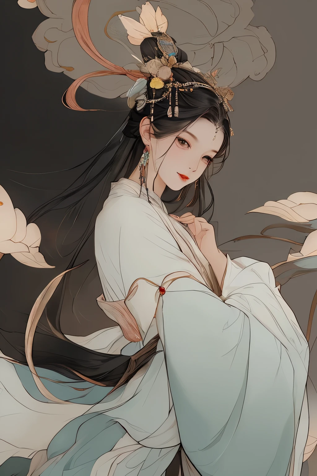 dhnh, Single Girl, Alone, Gazing towards the Audience, with Mouths Ajar, Black Hair adorned with Hair Accessories, Wearing Long Sleeves, Standing Amidst a Blooming Field of Flowers, with Parted Lips and Teeth gleaming, Hair adorned with Flower Accessories, in Wide Sleeves, Hair styled in High Buns, Donning Chinese Clothing - Hanfu, Captured in a Cinematic Manner, embodying a Sense of Scale and Narrative, depicting Ethereal Scenes of Peaceful Solitude, Stunning Contrasts and Shadows, reflecting Introspection