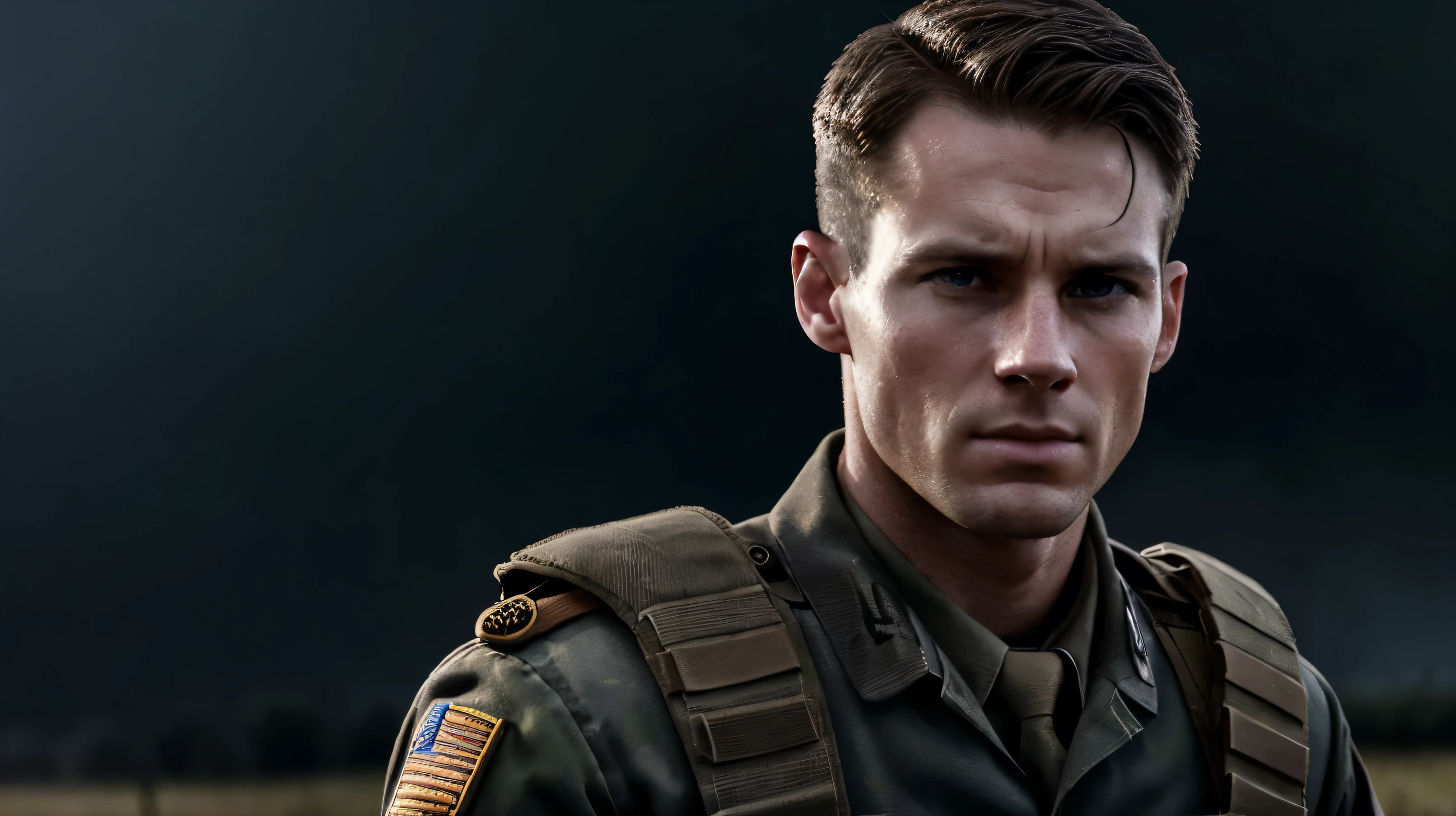 A height of 183 cm、White people,30 years old,Brown hair,Lieutenant rank,Upper Body,American soldier with serious expression,Head down,Serious face,Full of the vicissitudes of war,Normandy battlefield in World War II,The sky is dark,With light rain,Realistic style,High-definition graphics