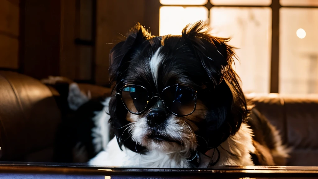 a cute shih tzu , wearing black mirrored lenses, smoking a cigar, with whiskey bottle on side