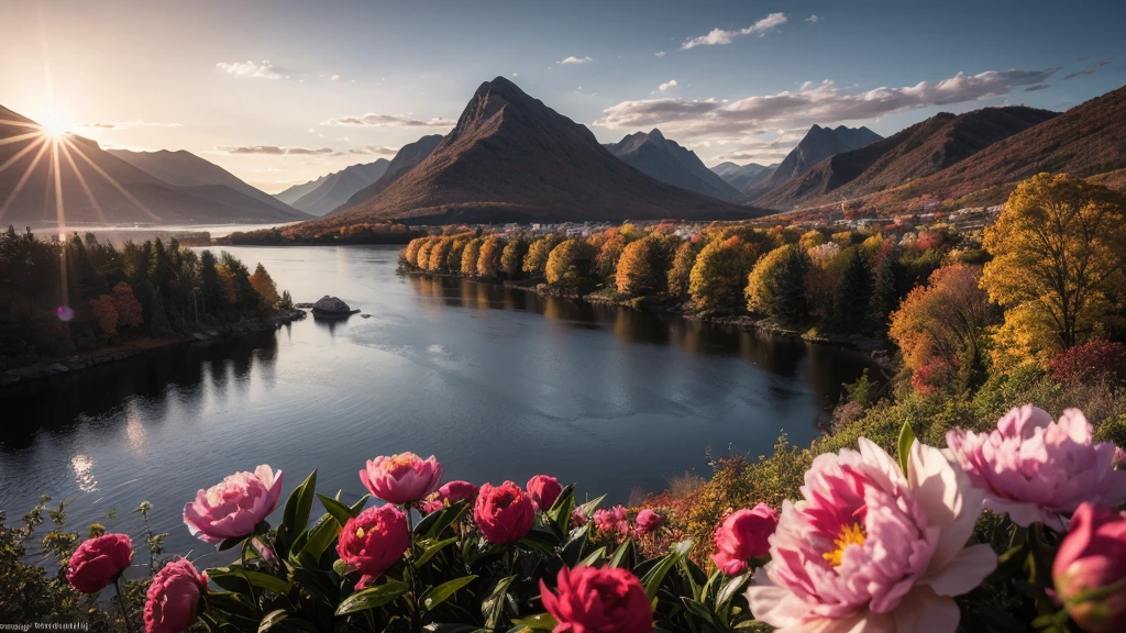 (autumn:1.3) ,sunrise,mountains and a wooden village on river, (Peony flowers on foreground), sunrays, lens flare, 4k highly detailed digital art, 8k hd wallpaper very detailed, impressive fantasy landscape, sci-fi fantasy desktop wallpaper, 4k detailed digital art, sci-fi fantasy wallpaper, epic dreamlike fantasy landscape, 4k hd matte digital painting, 8k stunning artwork,Realistic, realism, hd, 35mm photograph, 8k, dusty atmospheric haze, (natural colors, correct white balance, color correction, dehaze,clarity), realistic, detailed, balanced, by Trey Ratcliff, Klaus Herrmann, Serge Ramelli, Jimmy McIntyre, Elia Locardi,Realistic, realism, hd, 35mm photograph, 8k, RAW photo, full sharp, wallpapper 8k uhd, dslr, soft lighting, high quality, film grain, Fujifilm XT3, detailed face (high detailed skin:1.2)