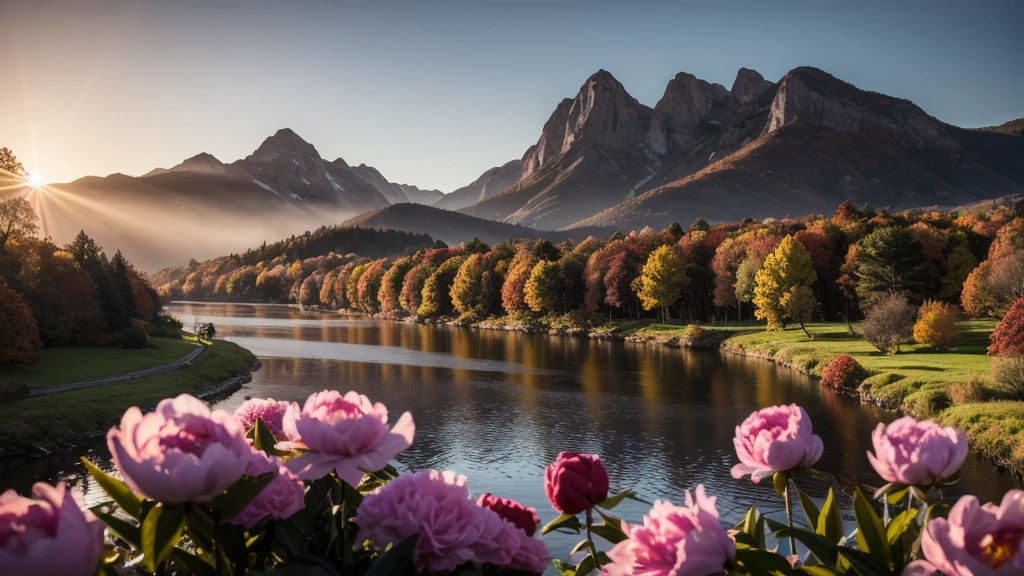 (autumn:1.3) ,sunrise,mountains and a wooden village on river, (Peony flowers on foreground), sunrays, lens flare, 4k highly detailed digital art, 8k hd wallpaper very detailed, impressive fantasy landscape, sci-fi fantasy desktop wallpaper, 4k detailed digital art, sci-fi fantasy wallpaper, epic dreamlike fantasy landscape, 4k hd matte digital painting, 8k stunning artwork,Realistic, realism, hd, 35mm photograph, 8k, dusty atmospheric haze, (natural colors, correct white balance, color correction, dehaze,clarity), realistic, detailed, balanced, by Trey Ratcliff, Klaus Herrmann, Serge Ramelli, Jimmy McIntyre, Elia Locardi,Realistic, realism, hd, 35mm photograph, 8k, RAW photo, full sharp, wallpapper 8k uhd, dslr, soft lighting, high quality, film grain, Fujifilm XT3, detailed face (high detailed skin:1.2)