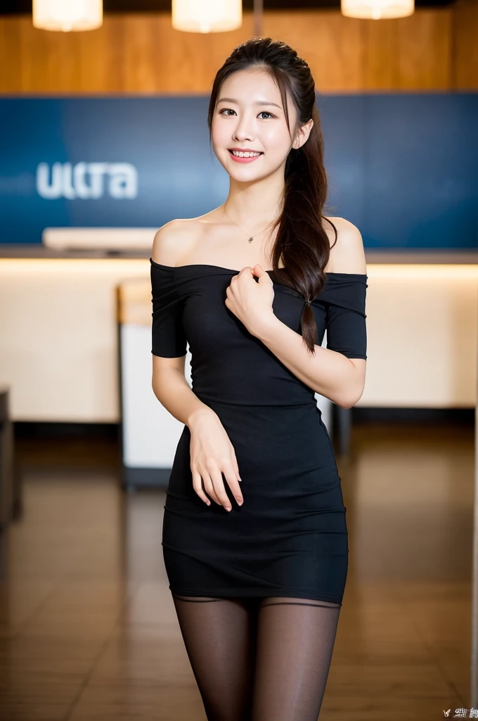 (((masterpiece))), (((Highest quality: 1.4))), ((Very detailed: 1.4)) , ulzzang-6500-v1.1, (RAW Photos:1.2), (Photorealistic), (Genuine:1.4), Sharp focus、Shot from the side、Perfect dynamic composition, Beautiful attention to detail, タレ目cute、ponytail,Small breasts Natural color Lips, Bold sexy pose,smile,Harajuku、20-year-old girl、cute、sexy shot looking at camera、(Off-the-shoulder dress)、(Ultra-realistic pantyhose:1.3), Realistic skin texture、Glowing Skin、Exposed thighs!!!