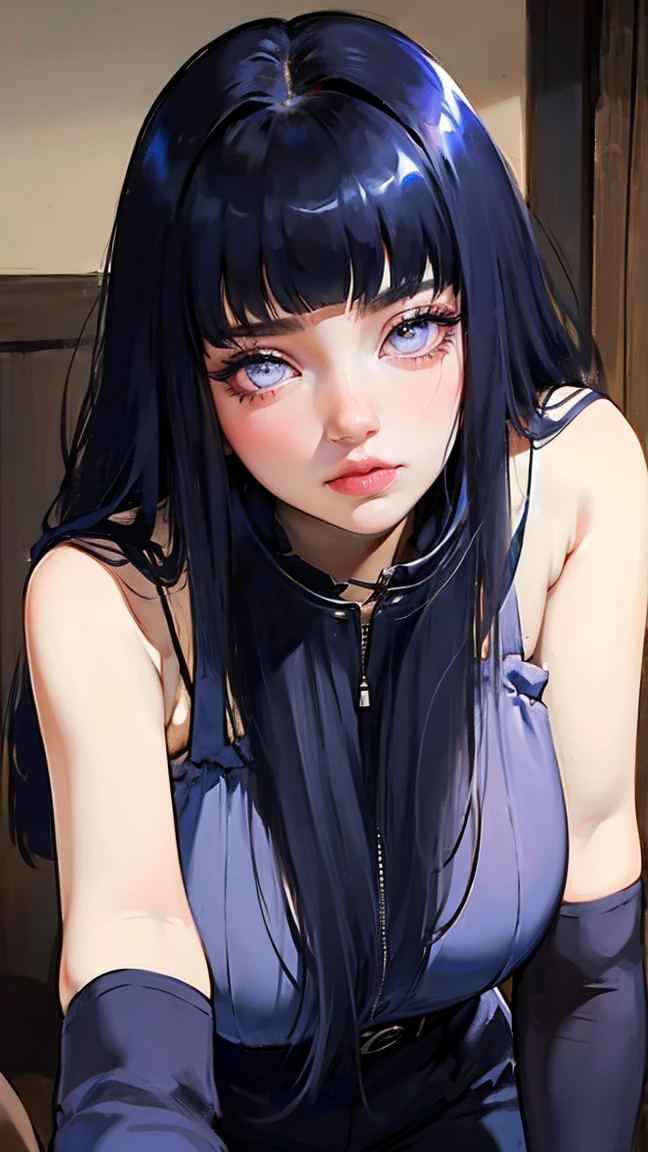 1girl, close up of face, adult, Hinata Hyuga, the last, shy girl, long black hair, blunt bangs, dark hair, Voluminous hair, lavender eyes, no pupils, Lavender Sleeveless Blouse, long black boots, navy blue shorts, Black translucent stockings, holster, bandage on thigh, open sandals, big breasts, wide hips, shapely legs, slim waist, masterpiece, best quality, Professional, realistic.