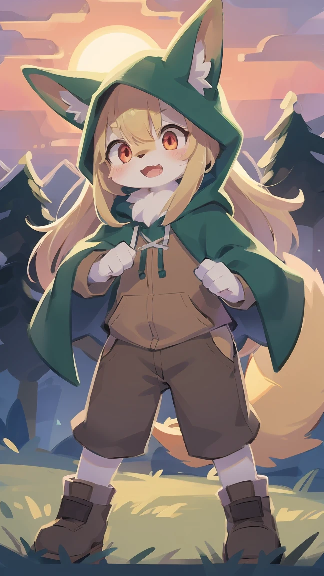 shota the fox, , was hairy, shaggy, skin fur, smooth lashes, golden fur, forelimb hands, straight long blonde hair, solid circle eyes, golden ears, golden fur, golden facial fur, shiny hair, red eyes, super cute face, 1fox tail, fluffy tail, furry tail, glowing eyes, green coat green hood down, brown trousers, standing, open mouth, embarrassed, ambient light, ultra-fine fur, dashed eyes, full body, masterpiece, high quality, high-details, best quality, wide short, (((solo))), twilight, sun light, red sky, rim light