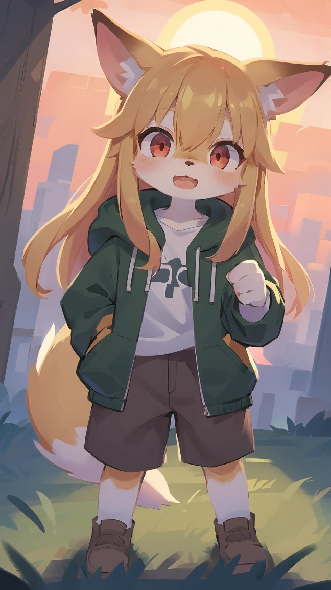 shota the fox, , was hairy, shaggy, skin fur, smooth lashes, golden fur, forelimb hands, straight long blonde hair, solid circle eyes, golden ears, golden fur, golden facial fur, shiny hair, red eyes, super cute face, 1fox tail, fluffy tail, furry tail, glowing eyes, green coat green hood down, brown trousers, standing, open mouth, embarrassed, ambient light, ultra-fine fur, dashed eyes, full body, masterpiece, high quality, high-details, best quality, wide short, (((solo))), twilight, sun light, red sky, rim light