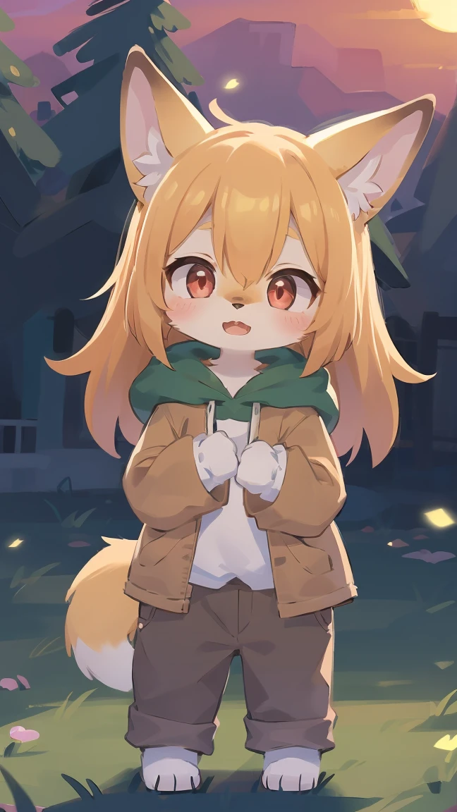 shota the fox, , was hairy, shaggy, skin fur, smooth lashes, golden fur, forelimb hands, straight long blonde hair, solid circle eyes, golden ears, golden fur, golden facial fur, shiny hair, red eyes, super cute face, 1fox tail, fluffy tail, furry tail, glowing eyes, green coat green hood down, brown trousers, standing, open mouth, embarrassed, ambient light, ultra-fine fur, dashed eyes, full body, masterpiece, high quality, high-details, best quality, wide short, (((solo))), twilight, sun light, red sky, rim light