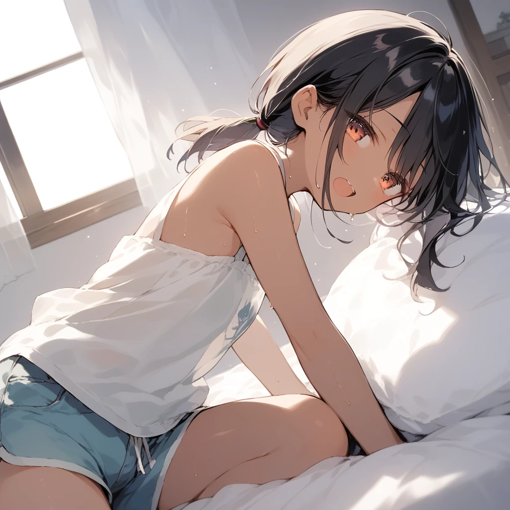 score_9, score_8_up, score_7_up, source_anime, best quality, masterpiece, official art, absurdres, highres, ultra-detailed,waifu2x,Collection: Slice of Life,break,1girl, tomboy, dark-skinned female, short hair, low ponytail, flat chest, beautiful detailed eyes, short shorts, sweat, open mouth, (yawn:0.3), sleepily, indoors, bedroom, break,(clear line illustration:1.2),very high resolution, very aesthetic, super detailed skin, Best sexual lighting powered by famous artist, 8k,cute picture,beauty illustration,photoshop_(medium),,(Detailed Lighting),best anime 8k konachan wallpaper, pixiv contest winner,