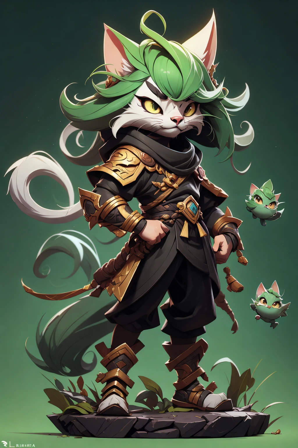 a cat warrior character, inspired by Lü Bu, full body, chibi, advanced digital chibi art, g liulian art style, maplestory mouse, bian lian, chibi art, league of legends art style, character art of maple story, game character, 3Q, ((Bright colors))