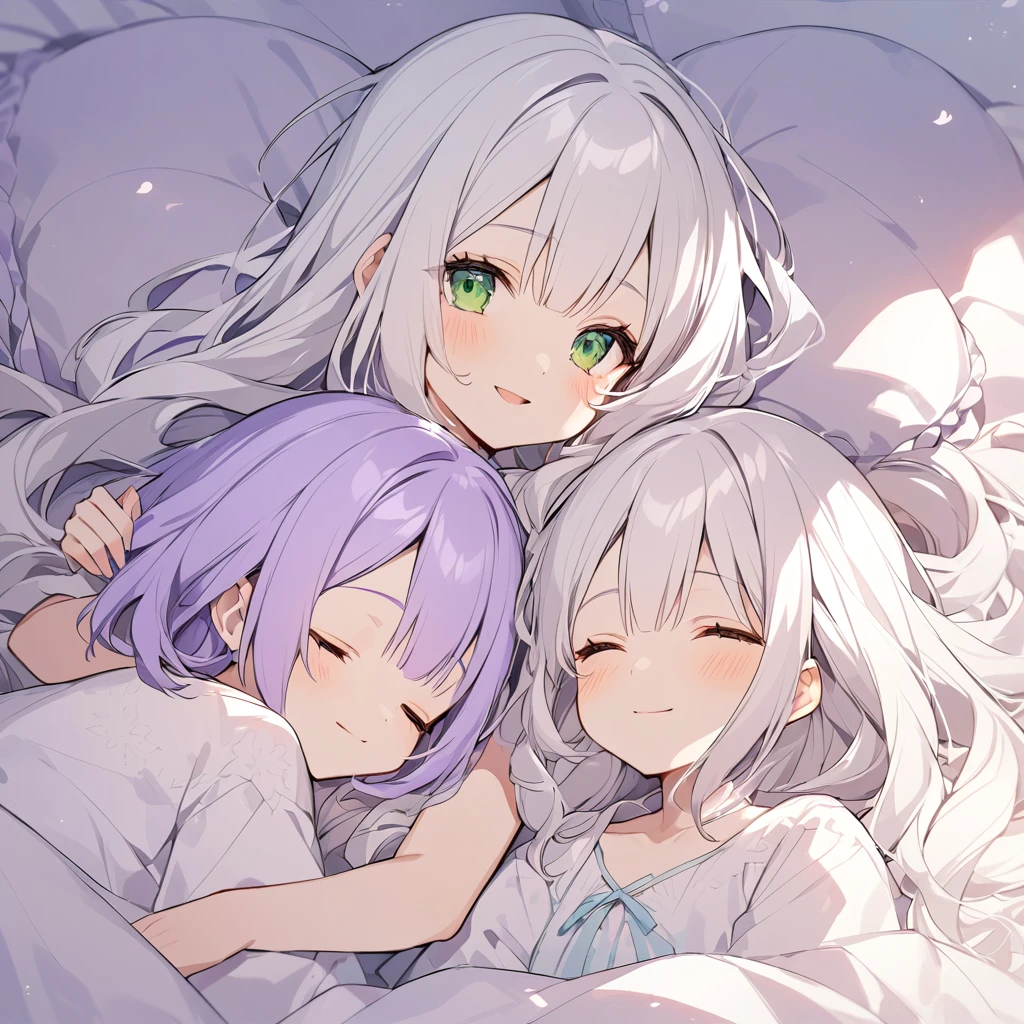 The sisters are sleeping in the same bed, the white-haired older sister is sleeping on her back, the lavender-haired, green-eyed younger sister is smiling with her pillow on her older sister's chest.