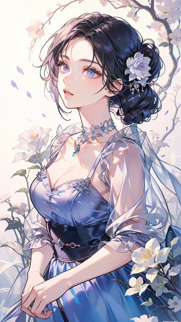 (best quality, 4K, high resolution, masterpiece:1.2), Elegant dynamic portrait,A beautiful girl,Blue hair tied up elegantly, Decorate with jewelry, Diamond necklace, (Put on a big cape), Clear purple eyes, (Decorate your hair with delicate flowers, Crystal jewelry string), Extremely detailed.