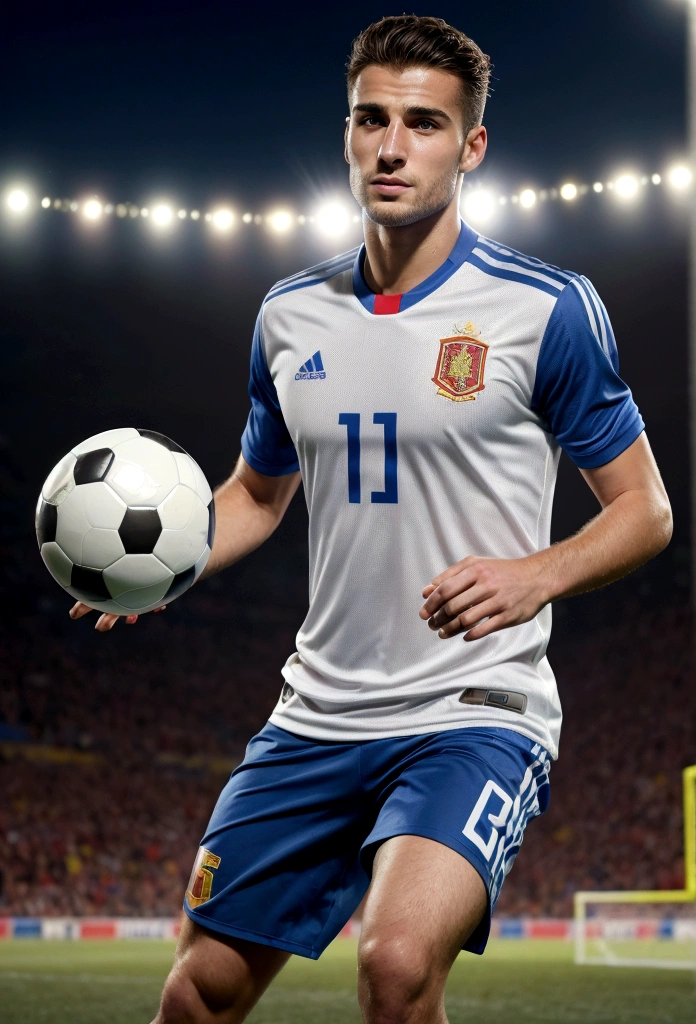 Best quality,ultra detailed,realist:1.37,Handsome man from Spain,Beautiful face,detailed eyes,unshaven, happy and emotional face, elegant hair, active posture in movement, runs after the ball, scores a goal, In a good condition, professional,model appearance,,studio lighting, full length、Spain national football team jersey、30 year old man, Best quality, super high resolution, detailed background, Realism, soccer field, Muscles, volumetric lighting, depth of field\, football player, scores a goal