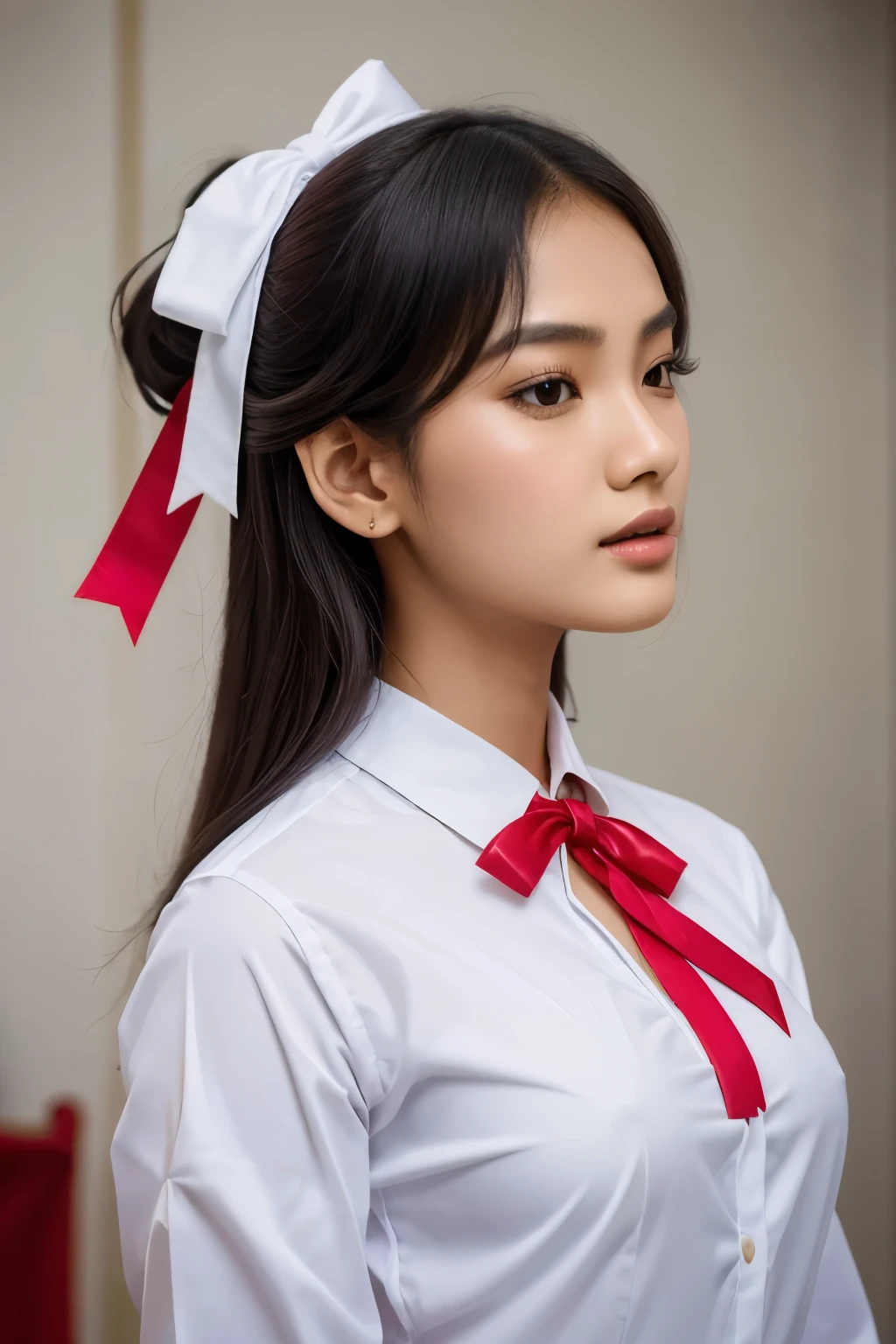 there is a woman in a white shirt with a red ribbon on her chest, nivanh chanthara, white ribbon, profile picture 1024px, only with red, thawan duchanee, red ribbon, wonderful masterpiece, jia, 18 years old, white red, peacefull, yuli ban, sakimi chan, wearing headmistress uniform