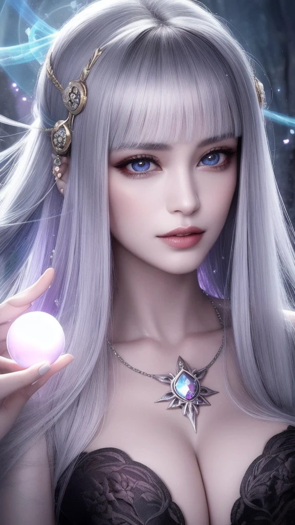 (masterpiece, top quality, 1 female, solo, exquisite details, chromatic aberration), (realistic), (skin), ((breathing)), (silver hair, blunt bangs, short straight long hair, short bangs, silver hair), beautiful hair, red headdress, blue highlights, hair over one eye, pretty eyes, purple eyes, thick lips, earrings, piercing eyes, ((gold and white kimono)), ((symmetrical eyes)), ((perfectly symmetrical body)), ((perfectly symmetrical hands)), (purerosface_v1:0.3), night, ((self, natural light))), bright lighting, flowers blooming in the background, in front of the viewer, ((central shot, from the front, (face and shoulders))), mysterious atmosphere, flowers blooming around, light colored background, fortune teller in kimono, beautiful fortune teller, fortune teller, fantasy female fortune teller, female fortune teller, f Fantasy photography, magician, witch fairy tale, Japanese style, elegant cinematic fantasy art, fantasy woman, sorceress portrait, casting spells, fortune teller, powerful wizard stands among mystical colorful flowers, fluttering robes adorned with symbols, holding a glowing heart crystal ball, eyes glowing with mystical energy, spells leaking from his mouth, vivid swirling patterns of black magic pulsating with iridescent hues appear in the air, magic permeates, flowers bloom, sacred creatures gaze in awe, threads of magical energy dance, revealing hidden realms, unravelling secrets, capturing the essence of this enchanting moment and bringing to life the mystical power of witchcraft on a canvas of the highest quality and finest detail. Top Quality, Masterpiece, Ultra High Resolution, (Photorealistic: 1.4), RAW Photo, Sharp Focus, High Resolution, Detailed Skin.